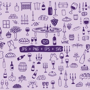 May include: A set of 120 purple and white hand-drawn illustrations of wine-related items, including bottles, glasses, grapes, candles, and tables. The text "120 WINE JPG + PNG + EPS + SVG" is at the bottom of the image.