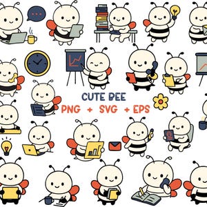Busy Bee SVG Clipart Bundle , Cute Office Work Bee Illustrations for Productivity Planners Business Stickers and Digital Designs PNG