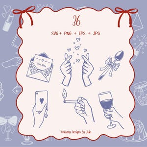 May include: A digital illustration with 36 romantic graphics in blue and white. The images include hands forming hearts, a love letter, a playing card, a lit cigarette, and a wine glass. The text "36 SVG + PNG + EPS + JPG" is also included, with the design by Julia.