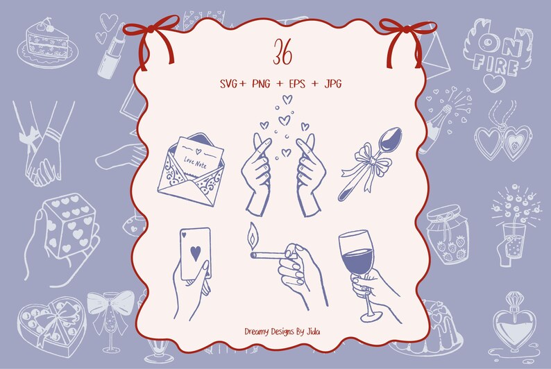 May include: A digital illustration with 36 romantic graphics in blue and white. The images include hands forming hearts, a love letter, a playing card, a lit cigarette, and a wine glass. The text "36 SVG + PNG + EPS + JPG" is also included, with the design by Julia.