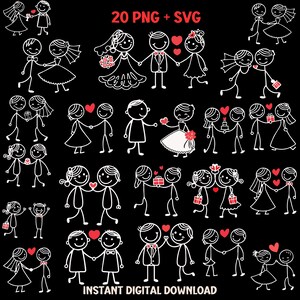 Stick Figure bruiloft SVG-bundel, bruiloft svg cricut, Valentijnsdag SVG, liefde Svg, schattige svg, doodles voor huwelijksuitnodigingen, vectorkunst wordt afgedrukt