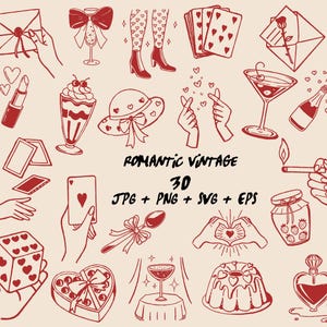 May include: A set of red line drawings with a romantic vintage theme. The illustrations feature hearts, desserts, playing cards, hands, and other love symbols. The text "Romantic Vintage" and "30 JPG + PNG + SVG + EPS" is also present.