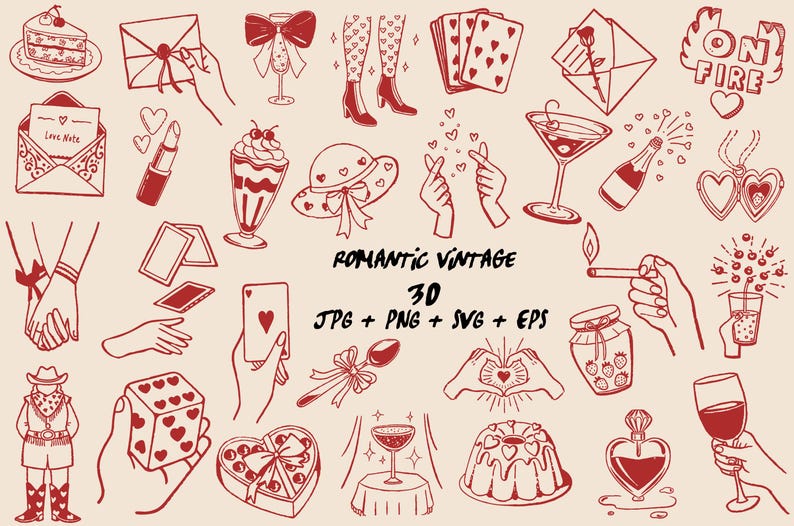 May include: A set of red line drawings with a romantic vintage theme. The illustrations feature hearts, desserts, playing cards, hands, and other love symbols. The text "Romantic Vintage" and "30 JPG + PNG + SVG + EPS" is also present.