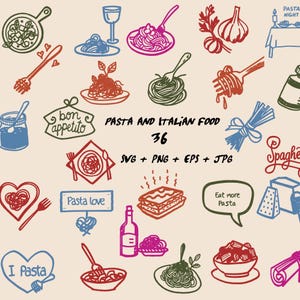 Italienische Lebensmittel Doodle Icons, Spaghetti Ravioli Lasagna Grafiken, Restaurant Logo Aufkleber, Imbiss LKW Grafiken, Pizza Pasta Restaurant Dekor