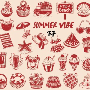 May include: A collection of 37 red and white summer themed illustrations.  The illustrations include a pineapple, a basket of flowers, a beach car, a sign that says "To Beach", a seashell, a coconut, a beach umbrella, a beach chair, a sun hat, a bikini, a watermelon, a potted plant, a cat wearing sunglasses, a snow cone, a milkshake, an ice cream cone, a bowl of berries, a life preserver, a basket of sunflowers, a volcano, a waffle, and a sandcastle.