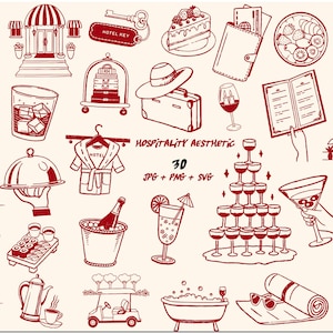 Op de afbeelding: Een verzameling rode lijntekeningen met een hospitality-thema. Bevat een hotelingang, sleutel, bagage, cake, wijnglas, cocktail, champagne, sushi en meer. De tekst "HOSPITALITY AESTHETIC" en "30 JPG + PNG + SVG" zijn ook aanwezig.