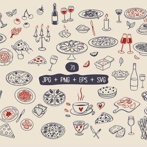 Italienische Lebensmittel Doodle Icons, Spaghetti Ravioli Lasagna Grafiken, Restaurant Logo Aufkleber, Imbiss LKW Grafiken, Pizza Pasta Restaurant Dekor