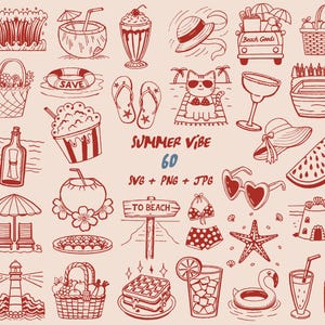 Beach Vacation Doodles: Summer Clipart SVG PNG JPG (60 Files)