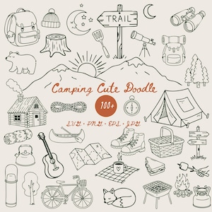 May include: A black and white doodle illustration featuring camping elements such as a tent, backpack, and trail sign. The text includes "Camping Cute Doodle" and "100+".