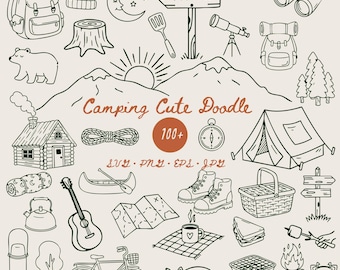 May include: A black and white doodle illustration featuring camping elements such as a tent, backpack, and trail sign. The text includes "Camping Cute Doodle" and "100+".
