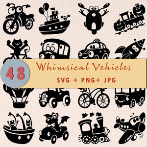 Könnte beinhalten: Schwarz-Weiß-Illustrationen von skurrilen Fahrzeugen, darunter Autos, Motorräder, Flugzeuge, Züge und Boote. Das Bild zeigt 48 einzigartige Designs in den Formaten SVG, PNG und JPG. Eine Vielzahl von Cartoon-Fahrzeugen wird angezeigt.