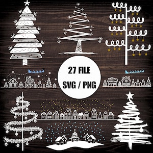 May include: A set of 27 SVG and PNG files featuring hand-drawn Christmas tree designs. The trees are in various styles, including a traditional tree with a star on top, a zig-zag tree, and a tree with stars hanging from the branches. The designs are perfect for creating holiday crafts, cards, and decorations.