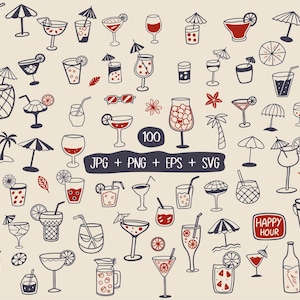 May include: A set of 100 hand-drawn illustrations of summer drinks and cocktails. The illustrations are in black and red on a beige background. The illustrations include various types of drinks, such as margaritas, daiquiris, and mojitos, as well as umbrellas, palm trees, and other summer-themed elements. The text "100 JPG + PNG + EPS + SVG" is included in the image.