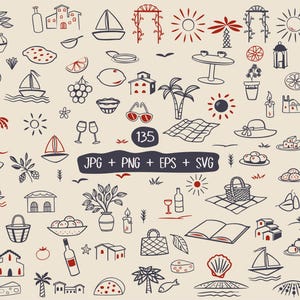 May include: A set of 135 hand-drawn illustrations featuring summer and vacation themes. The illustrations are in black and white with red accents and include images of boats, houses, food, drinks, and other vacation-related items.