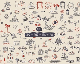 Beach Vacation SVG PNG, Summer Vibes Clipart , Hand Drawn Tropical , beach vacation svg , Summer Holiday , Coastal Doodles doodles