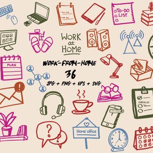 Remote Office Doodle Icons, Home Workspace Digital Planner Stickers, Productivity Illustrations, minimalist business SVG, online job PNG