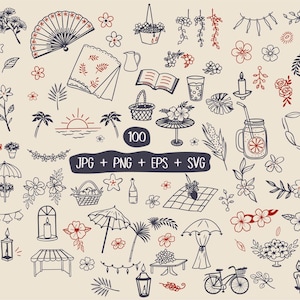 May include: A set of 100 hand-drawn illustrations featuring summer and picnic themes. The illustrations are in black and white with red accents. They include items like flowers, plants, food, drinks, and picnic accessories.