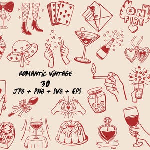 May include: A collection of red and white romantic vintage illustrations. The image includes hearts, playing cards, champagne, a martini, a perfume bottle, and the text "Romantic Vintage 30 JPG + PNG + SVG + EPS."