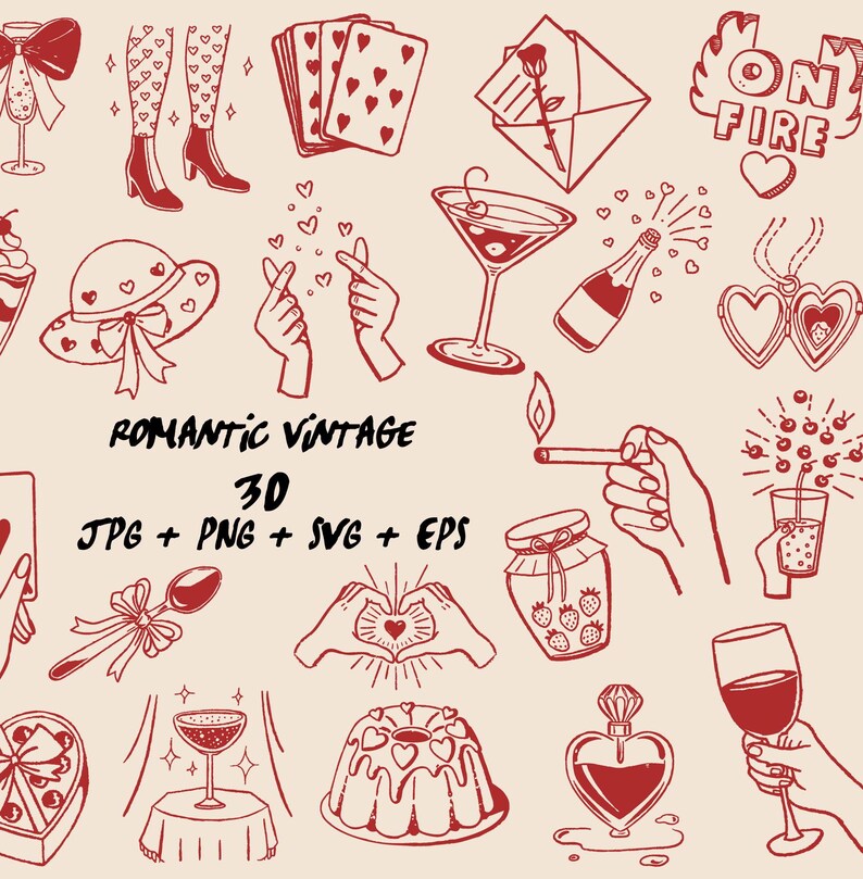 May include: A collection of red and white romantic vintage illustrations. The image includes hearts, playing cards, champagne, a martini, a perfume bottle, and the text "Romantic Vintage 30 JPG + PNG + SVG + EPS."