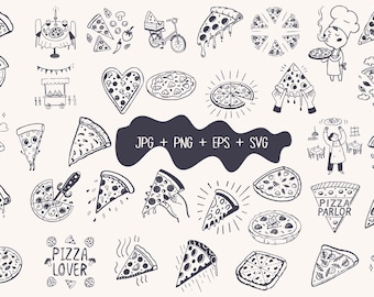 Pizza Doodle Clipart: Italian Food SVG PNG, Chef Graphics (Digital Art)