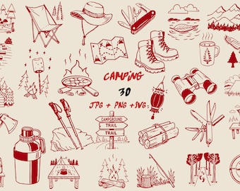 May include: A set of 30 red camping themed illustrations, including a tent, hiking boots, a compass, a lantern, a campfire, a map, a coffee pot, a mug, binoculars, a knife, a backpack, a first aid kit, a walking stick, a campfire, a frying pan, a marshmallow on a stick, a chair, a hat, a tree, a mountain range, a lake, and a bird. The illustrations are in a hand-drawn style and are perfect for use in scrapbooking, card making, or other craft projects.