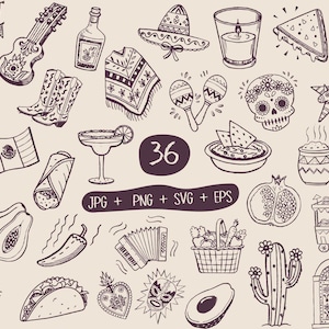 Clipart de cultura mexicana, Fiesta y Cinco de Mayo SVG, Íconos de México dibujados a mano, Comida y decoración tradicionales, Dibujos de cenas mexicanas