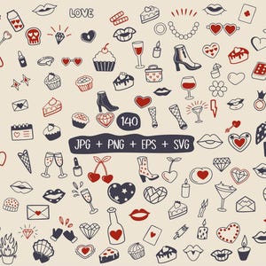 Love Aesthetic Doodle, Valentine’s Day Hand-Drawn Icons, Retro Romance Digital Stickers , vintage wedding elements, romantic digital svg eps