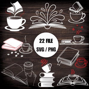 Paquete SVG de libro y café: Ilustración vectorial de lectura (descarga digital)