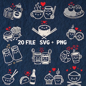 Niedliches Essen Paare, Valentinstag SVG Bundle, Hochzeit SVG Cricut, Liebe SVG, süßes svg, Doodles für Hochzeitseinladungen, Vektorkunst Drucke