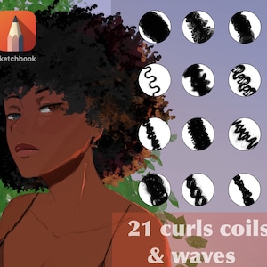 Puede incluir: Una ilustración digital de una mujer con cabello oscuro y rizado. La imagen incluye 21 trazos de pincel diferentes para crear rizos, espirales y ondas. El texto "21 curls coils & waves" está en la parte inferior de la imagen.