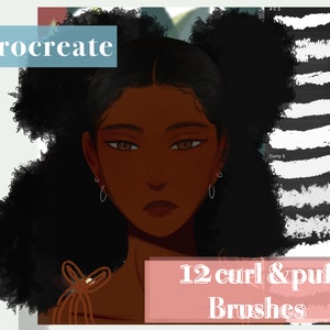 May include: A digital illustration of a woman with dark brown skin and curly black hair. She is wearing a brown top and has a small bow on her shoulder. The image is a digital art brush set for Procreate, featuring 12 curl and puff brushes.