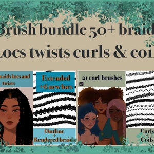 Haarpaket: 50+ Loks, Zöpfe, Spulen und Locken Pinsel, procreate Stempel schwarz/lockig/afroamerikanische Haare, procreate texturierte Haarbürsten