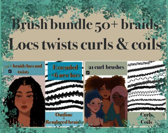 Hair bundle: 50+ locs, braids, coils and curls brushes, procreate stamps black/curly/African-American hair, procreate textured hair brushes