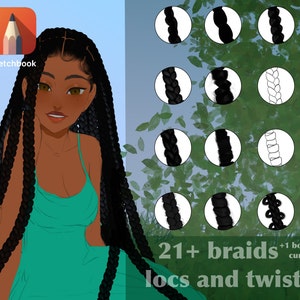 May include: Illustration of a woman with long black braids, wearing a turquoise tank top. The image includes 21 different braid styles, including locs and twists, with a bonus curl style. The text "21+ braids + 1 bonus curl locs and twists" is at the bottom of the image.