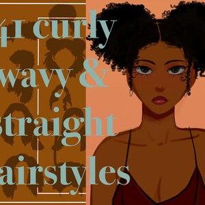 May include: Illustration of a Black woman with curly hair styled in two buns. The text "41 curly wavy & straight hairstyles" is in the background.