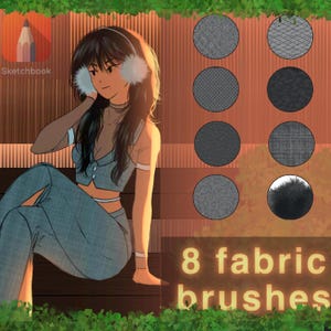 Pode incluir: Uma ilustração digital de uma mulher com cabelo preto comprido usando um traje de jeans azul e uma faixa de cabeça branca. A imagem está sobre um fundo de 8 texturas de tecido diferentes, com o texto "8 fabric brushes" em amarelo.