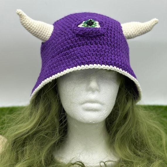 Hand Crocheted Purple Floppy Hat With Horns Purple Devil Horn Hat, Crochet Beanie With Horn, Horn Hat  main image 4