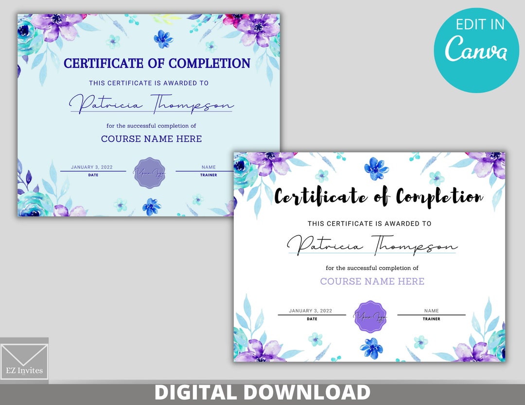 Floral Certificate of Completion Template: Editable Canva Design ...