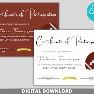 Editable Football Certificate Template Bundle, DIY Football Participation Award, Diploma Football Award, Edit Online - Canva Certificate