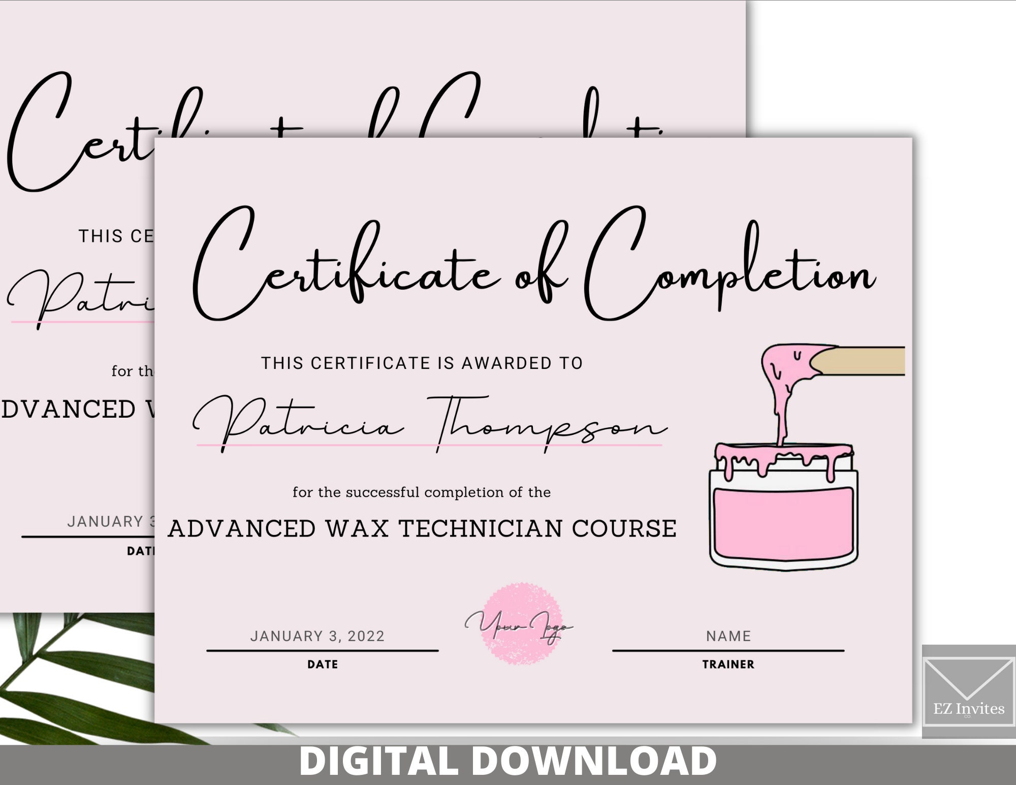 DIY Waxing Certificate of Completion, Simple Template, Bundle, Pink White Marble, Editable