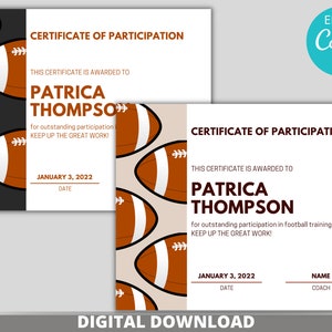 Football Participation Certificate Template | Editable Canva Youth Sports Award Download