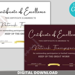 Editable Football Certificate Template Bundle of 2, DIY Football Participation Award, Diploma Football Award, Canva Certificate