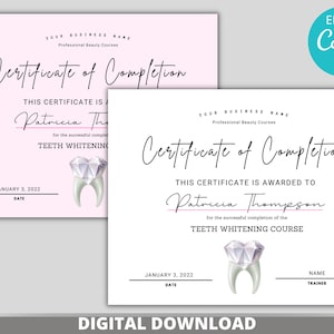 Teeth Whitening Certificate Template | Editable Canva Beauty Course Certificate | Rose Gold Design