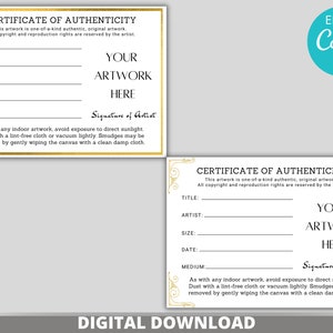 Gold Certificate of Authenticity, Editable Template, Bundle, DIY Template, Canva, Instant Download, Artist Template, Simple, Easy Edit