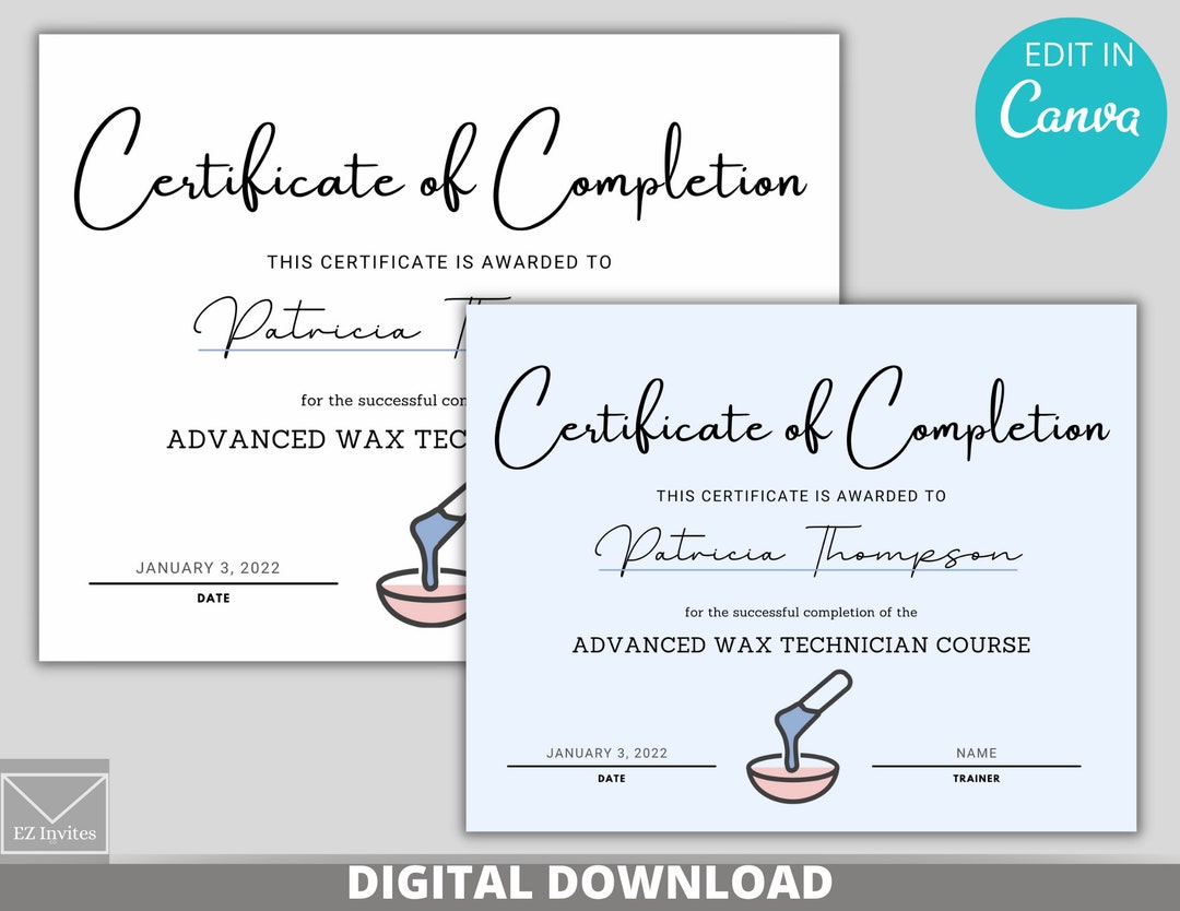 DIY Waxing Certificate of Completion, Simple Template, Bundle of 2, Blue White, Editable