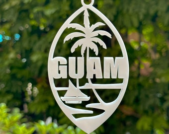 Guam Ornament | White Acrylic Guam Car Charms | Hafa Adai Car Ornaments | Car Charms | Guam Rear View Decor | Guam Holiday Gifts