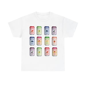 May include: White t-shirt with a pattern of 12 colorful cans of Waterloo Sparkling Water. Each can features a different fruit flavor, including watermelon, lime, and blackberry.