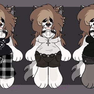 May include: A digital character reference sheet featuring five variations of a white anthropomorphic creature with long brown hair. Each figure displays different outfits including a bikini, a skull-print tank top with plaid pants, a white shirt, a black top, and a skull t-shirt with shorts.