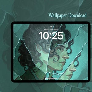 Può includere: Un'illustrazione digitale di una persona con lunghi capelli scuri, il cui viso è parzialmente oscurato da un vetro rotto. Lo sfondo è di colore blu-verde chiaro. L'ora sullo schermo del telefono è le 10:25.