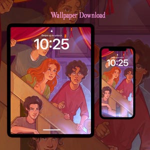 May include: Digital wallpaper download featuring a group of young people on a staircase. The time 10:25 is displayed on the phone and tablet screens. The background is a warm, inviting color.